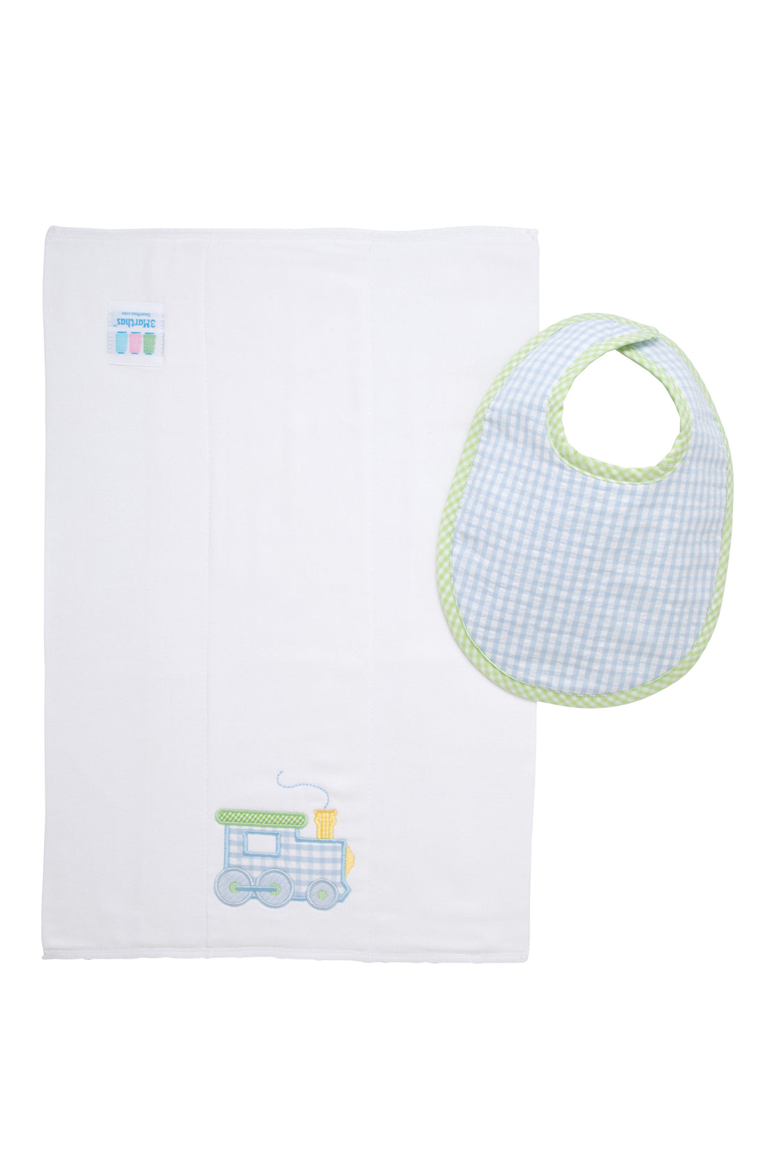 Cotton bib for baby boy with blue and green gingham check and burp cloth with train applique, 3 Marthas