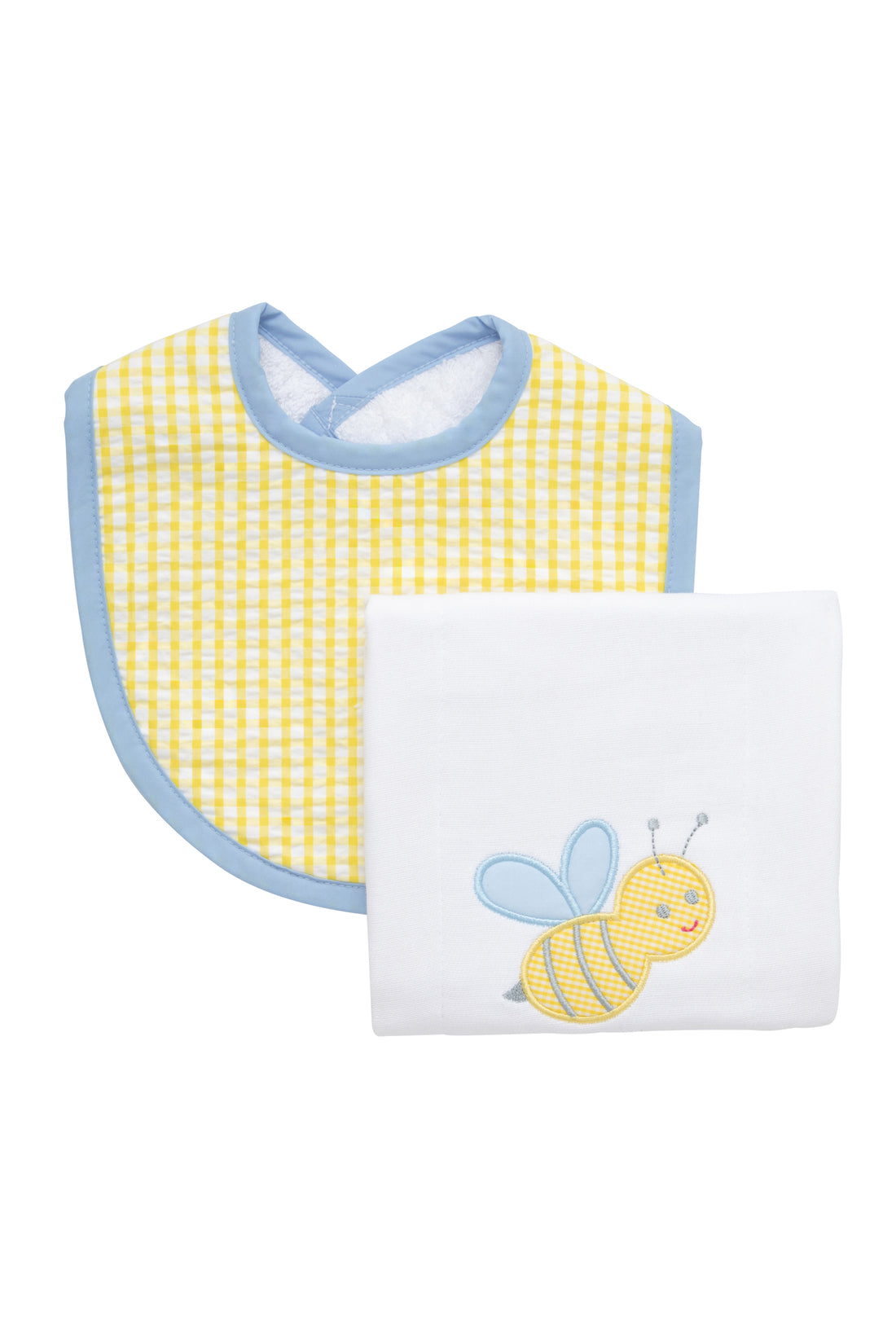 Cotton bib for baby with yellow gingham check fabric and blue trim and burp with bumble bee applique, 3 Marthas