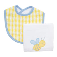 Cotton bib for baby with yellow gingham check fabric and blue trim and burp with bumble bee applique, 3 Marthas