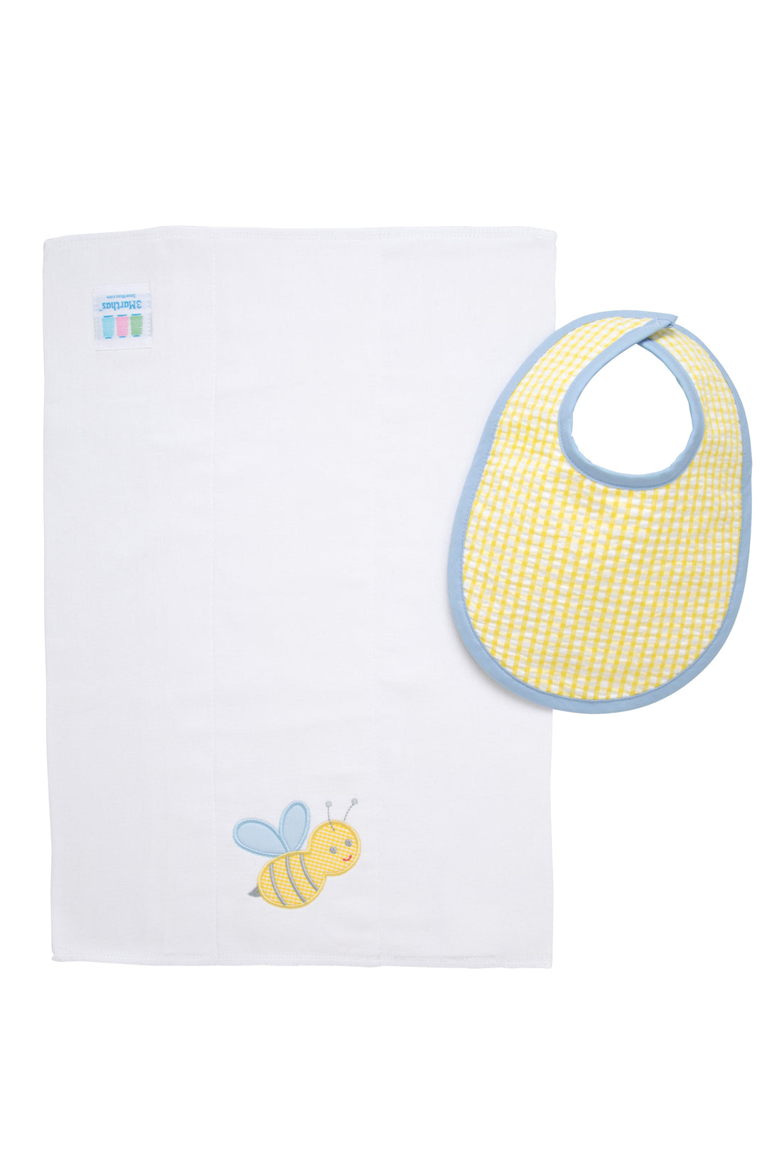 Cotton bib for baby with yellow gingham check fabric and blue trim and burp with bumble bee applique, 3 Marthas
