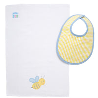 Cotton bib for baby with yellow gingham check fabric and blue trim and burp with bumble bee applique, 3 Marthas