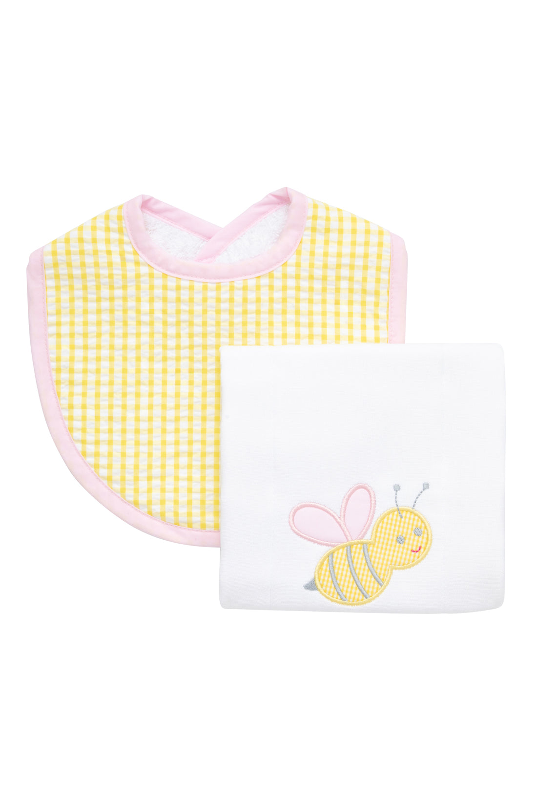 Cotton bib for baby girl with yellow gingham check fabric and pink trim and burp with bumble bee applique, 3 Marthas