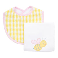 Cotton bib for baby girl with yellow gingham check fabric and pink trim and burp with bumble bee applique, 3 Marthas