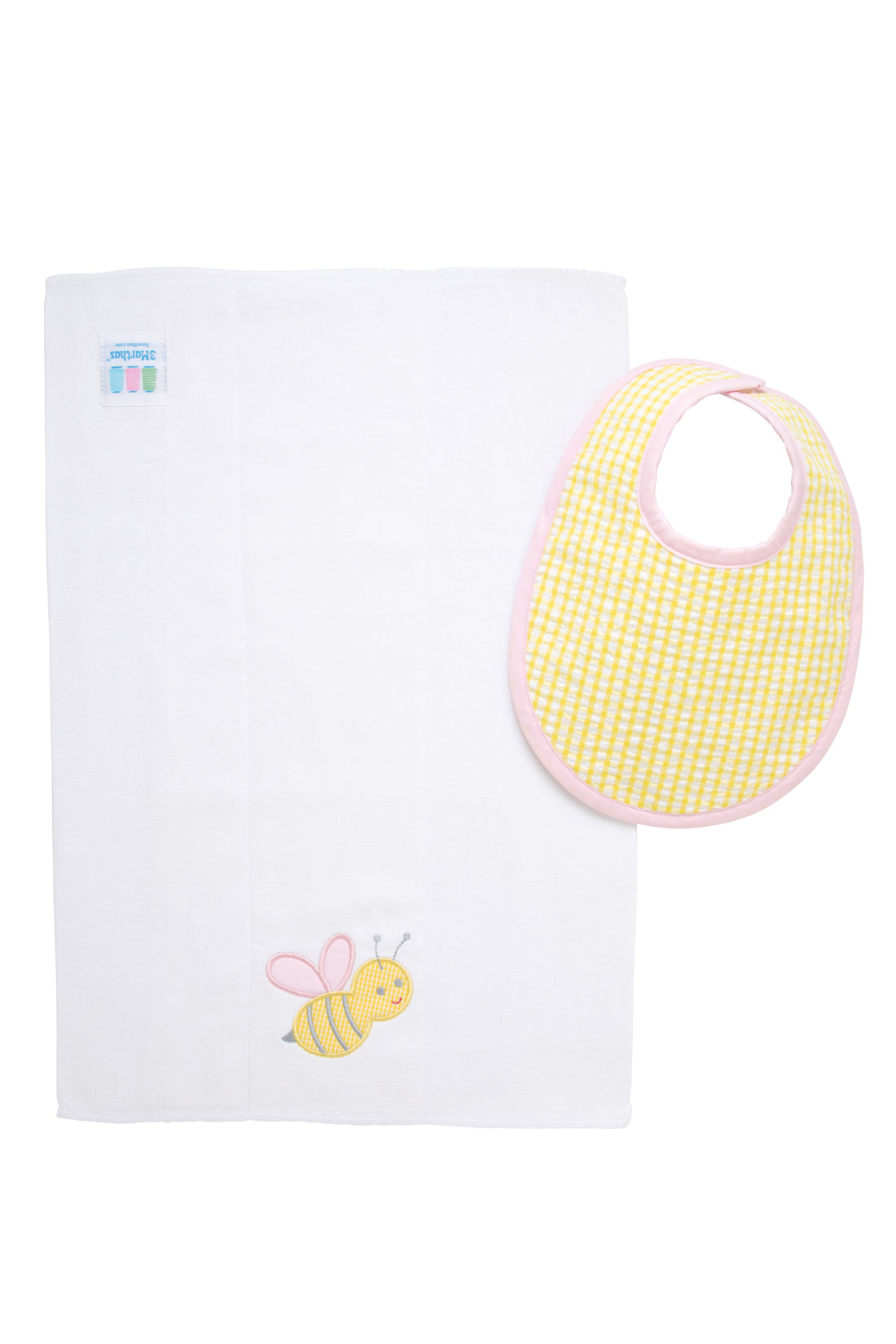 Cotton bib for baby girl with yellow gingham check fabric and pink trim and burp with bumble bee applique, 3 Marthas