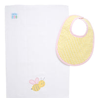 Cotton bib for baby girl with yellow gingham check fabric and pink trim and burp with bumble bee applique, 3 Marthas