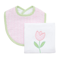 Cotton bib for baby girl with pink and green gingham check and burp cloth with tulip applique, 3 Marthas