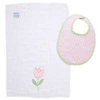 Cotton bib for baby girl with pink and green gingham check and burp cloth with tulip applique, 3 Marthas