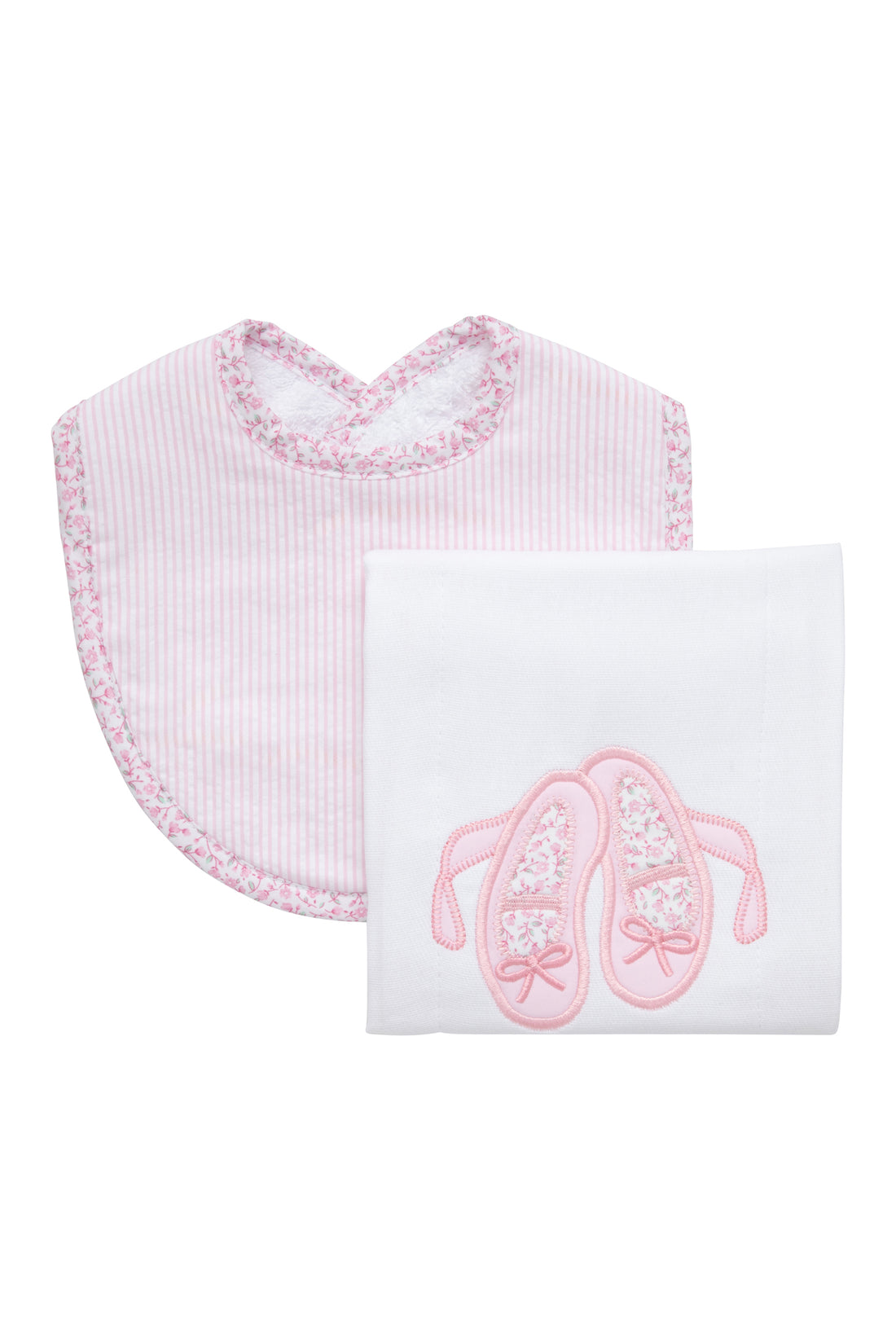 Cotton bib for baby with pink seersucker stripe and floral fabric and burp with ballet slippers applique, 3 Marthas