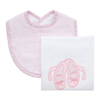 Cotton bib for baby with pink seersucker stripe and floral fabric and burp with ballet slippers applique, 3 Marthas