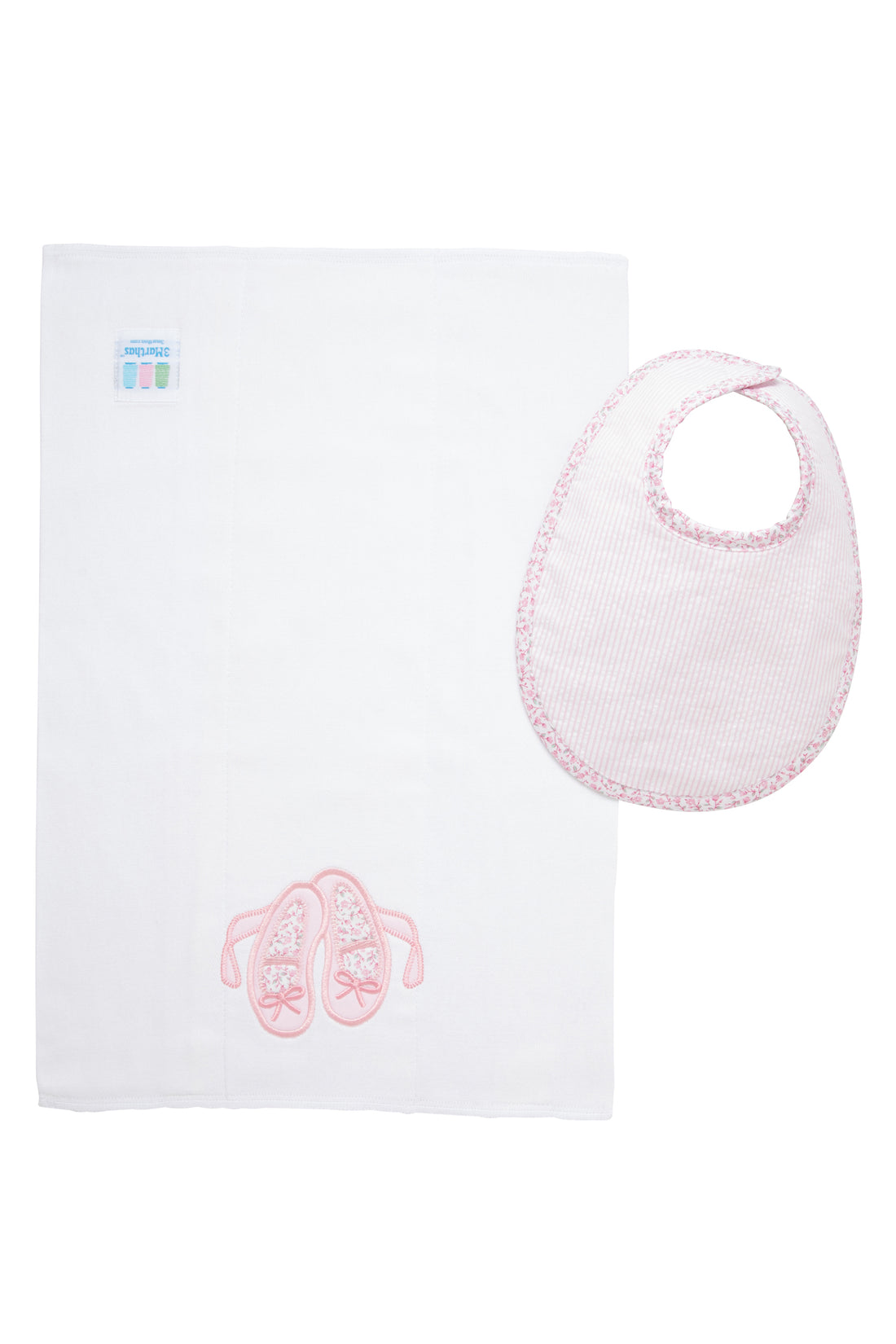 Cotton bib for baby with pink seersucker stripe and floral fabric and burp with ballet slippers applique, 3 Marthas
