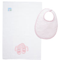 Cotton bib for baby with pink seersucker stripe and floral fabric and burp with ballet slippers applique, 3 Marthas
