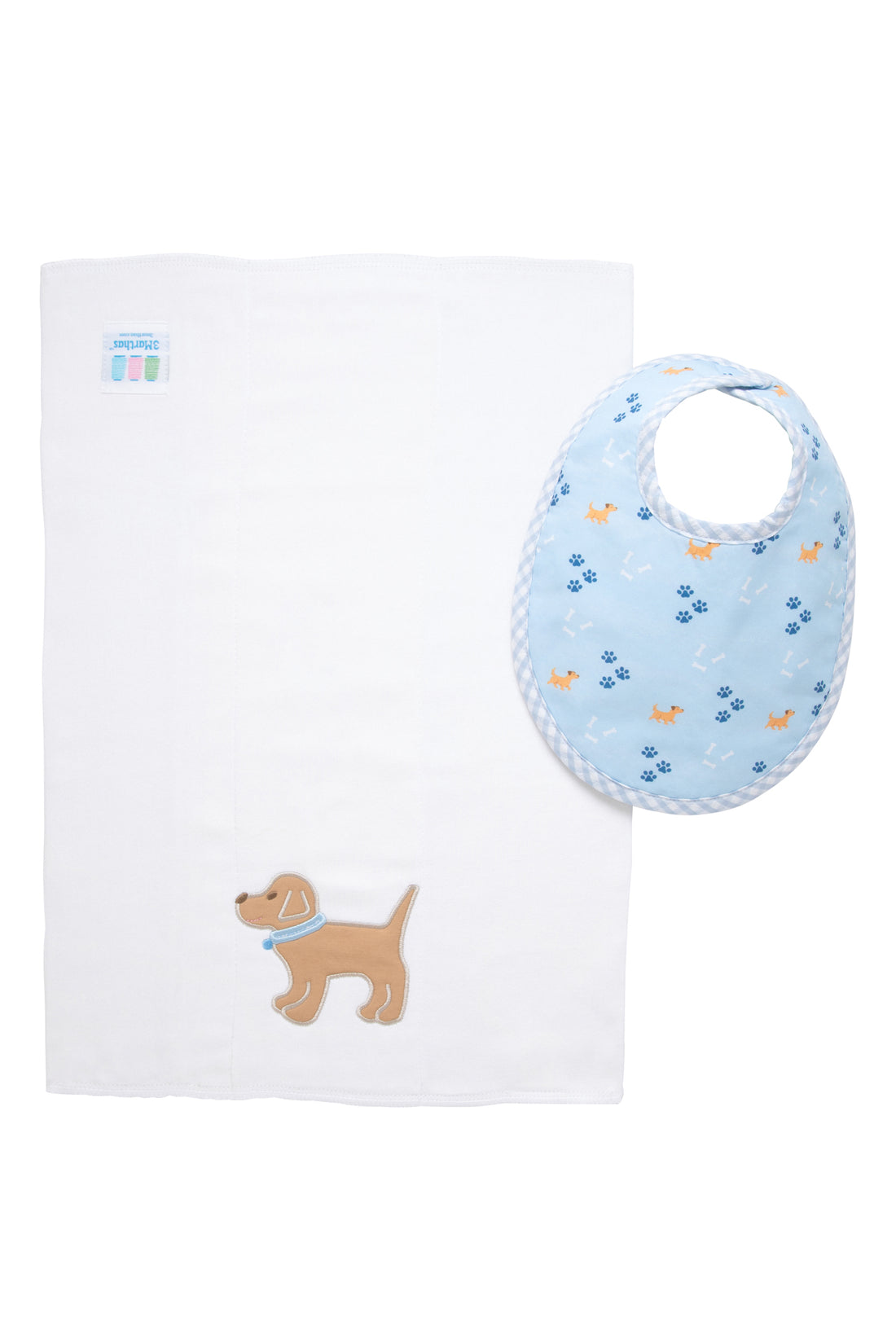 Cotton bib for baby boy with blue puppy and paw print fabric and gingham check trim and burp cloth with puppy applique, 3 Marthas