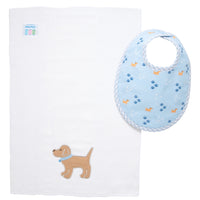 Cotton bib for baby boy with blue puppy and paw print fabric and gingham check trim and burp cloth with puppy applique, 3 Marthas