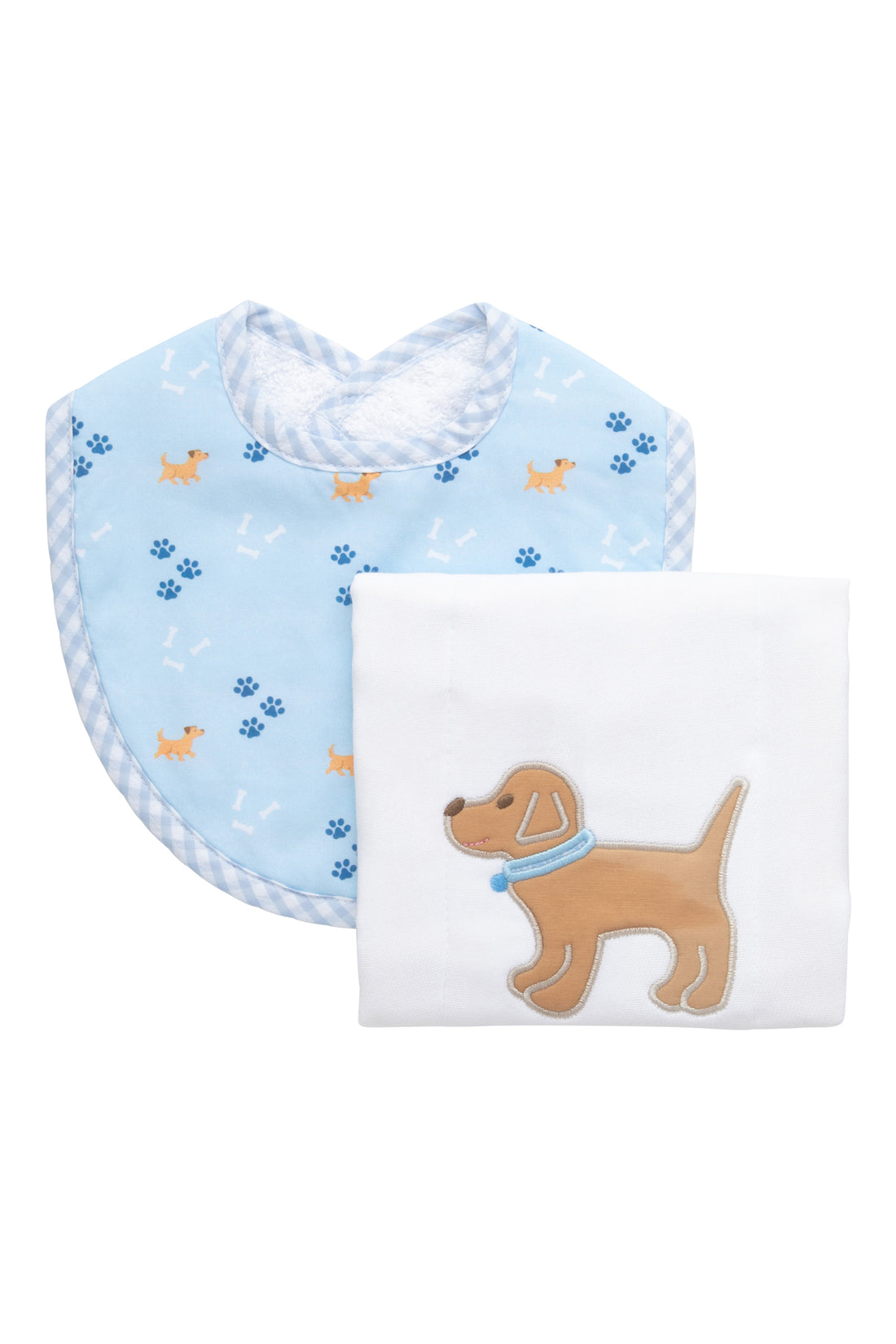 Cotton bib for baby boy with blue puppy and paw print fabric and gingham check trim and burp cloth with puppy applique, 3 Marthas