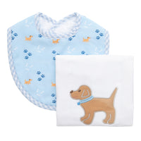 Cotton bib for baby boy with blue puppy and paw print fabric and gingham check trim and burp cloth with puppy applique, 3 Marthas