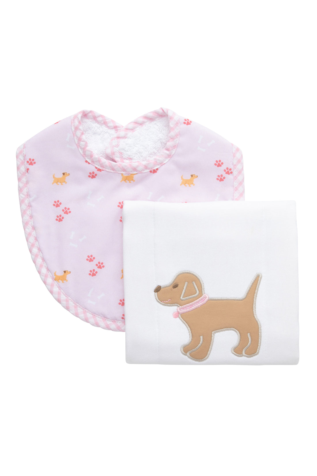 Cotton bib for baby girl with pink puppy and paw print fabric and gingham check trim and burp cloth with puppy applique, 3 Marthas