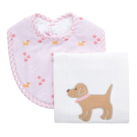 Cotton bib for baby girl with pink puppy and paw print fabric and gingham check trim and burp cloth with puppy applique, 3 Marthas