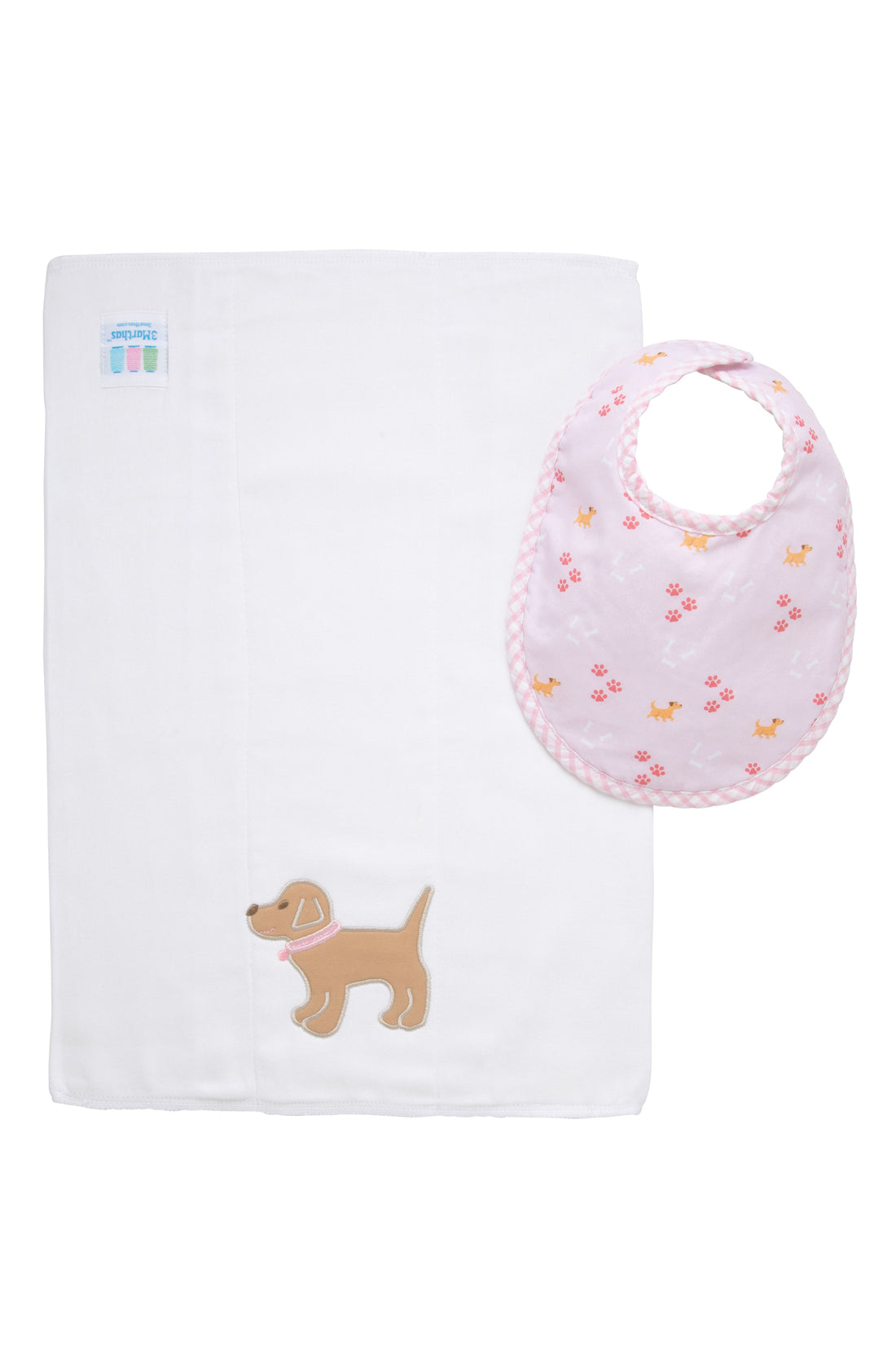 Cotton bib for baby girl with pink puppy and paw print fabric and gingham check trim and burp cloth with puppy applique, 3 Marthas