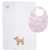 Cotton bib for baby girl with pink puppy and paw print fabric and gingham check trim and burp cloth with puppy applique, 3 Marthas
