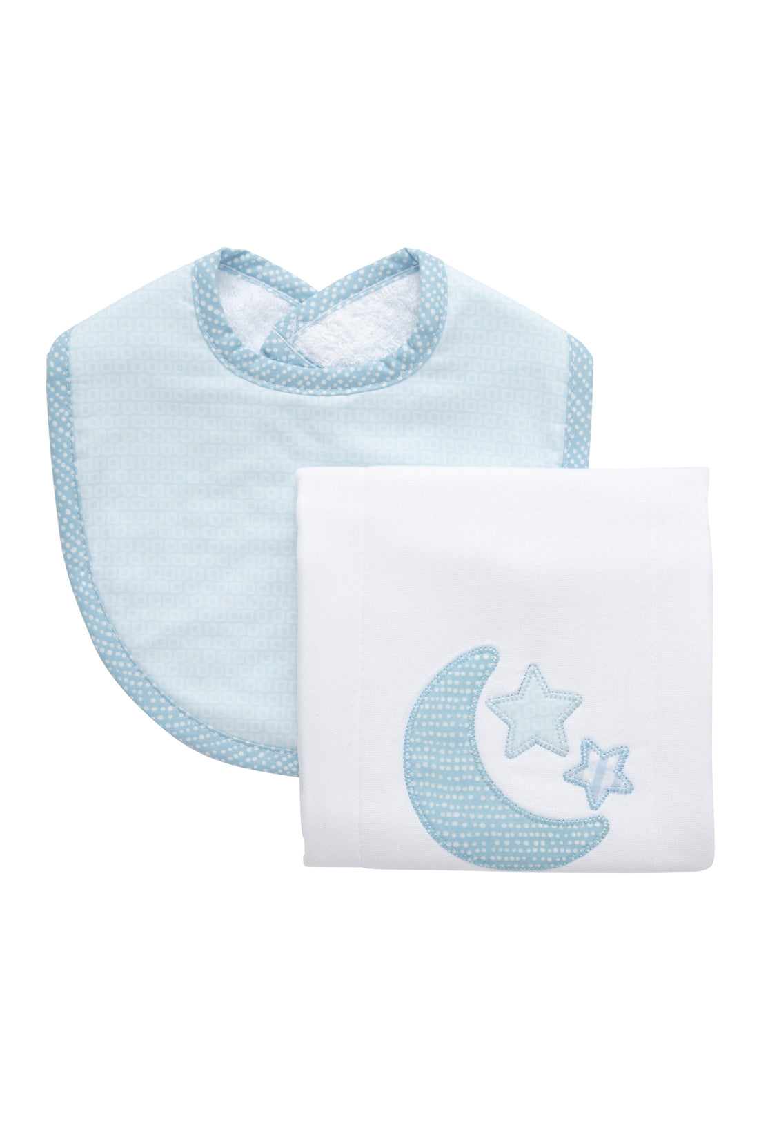 Cotton bib for baby boy with blue dot fabric and burp cloth with blue moon and stars applique, 3 Marthas
