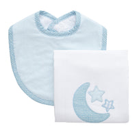 Cotton bib for baby boy with blue dot fabric and burp cloth with blue moon and stars applique, 3 Marthas