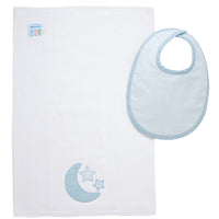 Cotton bib for baby boy with blue dot fabric and burp cloth with blue moon and stars applique, 3 Marthas
