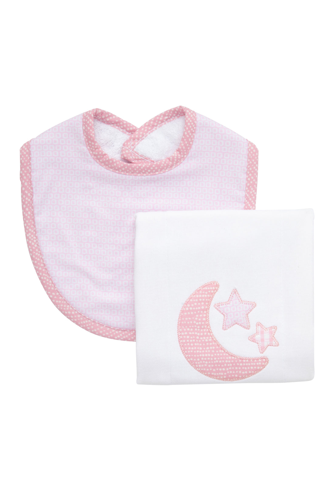 Cotton bib for baby girl with pink dot fabric and burp cloth with pink moon and stars applique, 3 Marthas