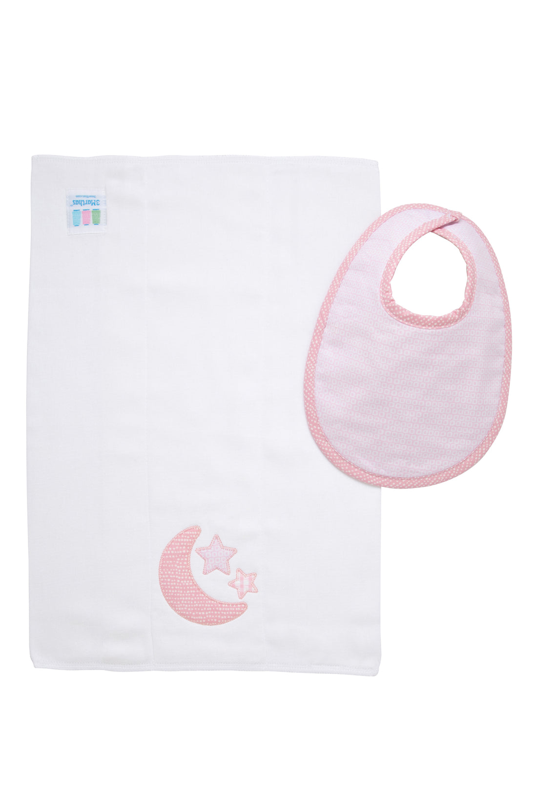 Cotton bib for baby girl with pink dot fabric and burp cloth with pink moon and stars applique, 3 Marthas