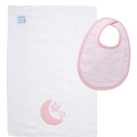 Cotton bib for baby girl with pink dot fabric and burp cloth with pink moon and stars applique, 3 Marthas