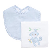 Cotton bib for baby boy with blue seersucker stripe and gingham check fabric and burp cloth with blue monkey applique, 3 Marthas