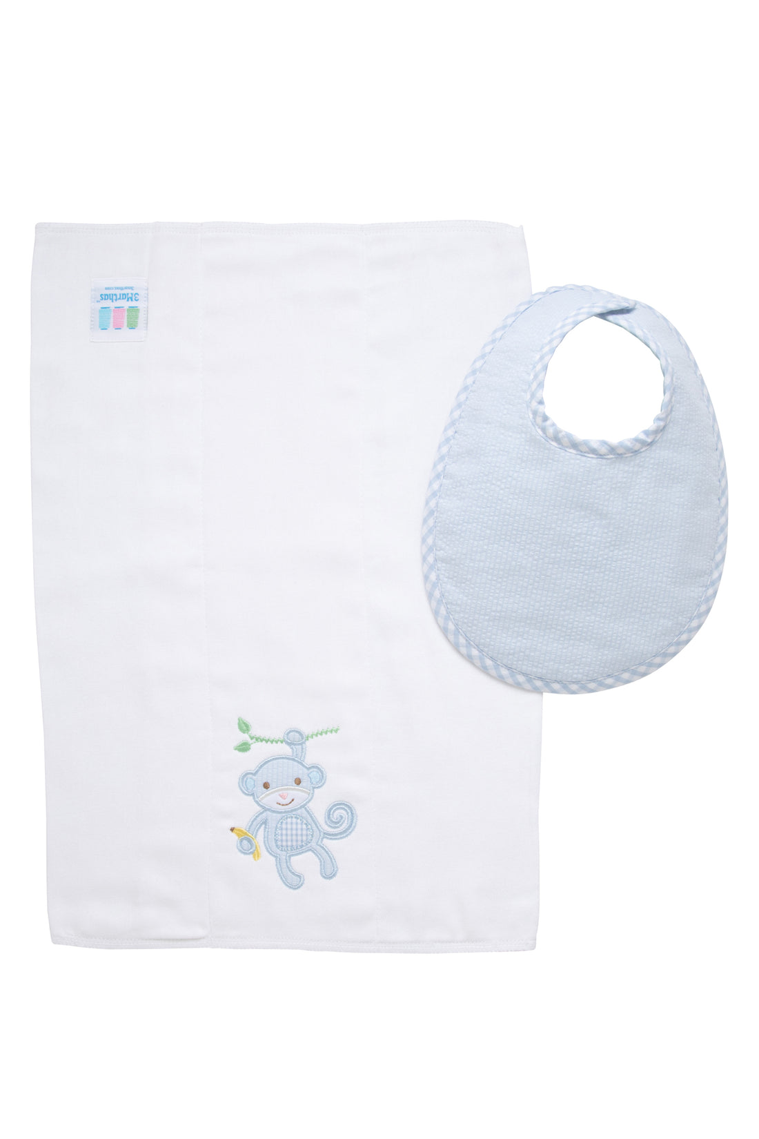 Cotton bib for baby boy with blue seersucker stripe and gingham check fabric and burp cloth with blue monkey applique, 3 Marthas
