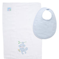 Cotton bib for baby boy with blue seersucker stripe and gingham check fabric and burp cloth with blue monkey applique, 3 Marthas