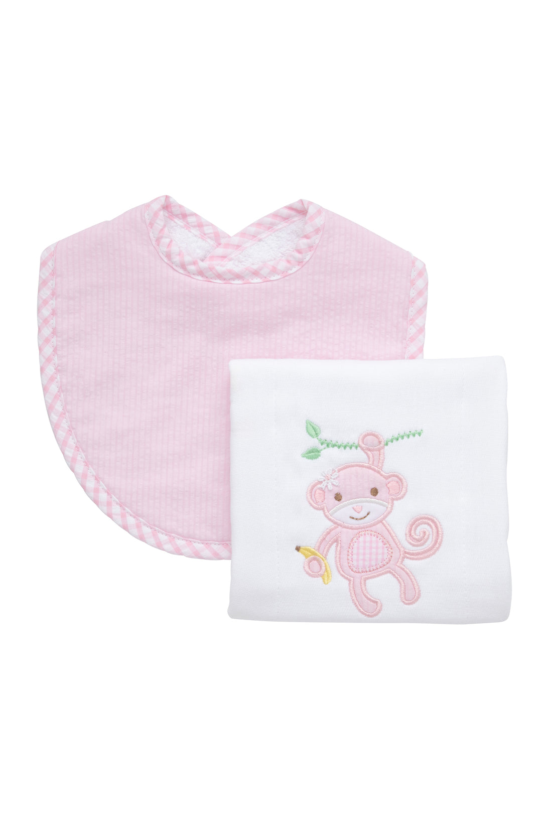 Cotton bib for baby girl with pink seersucker stripe and gingham check fabric and burp cloth with pink monkey applique, 3 Marthas