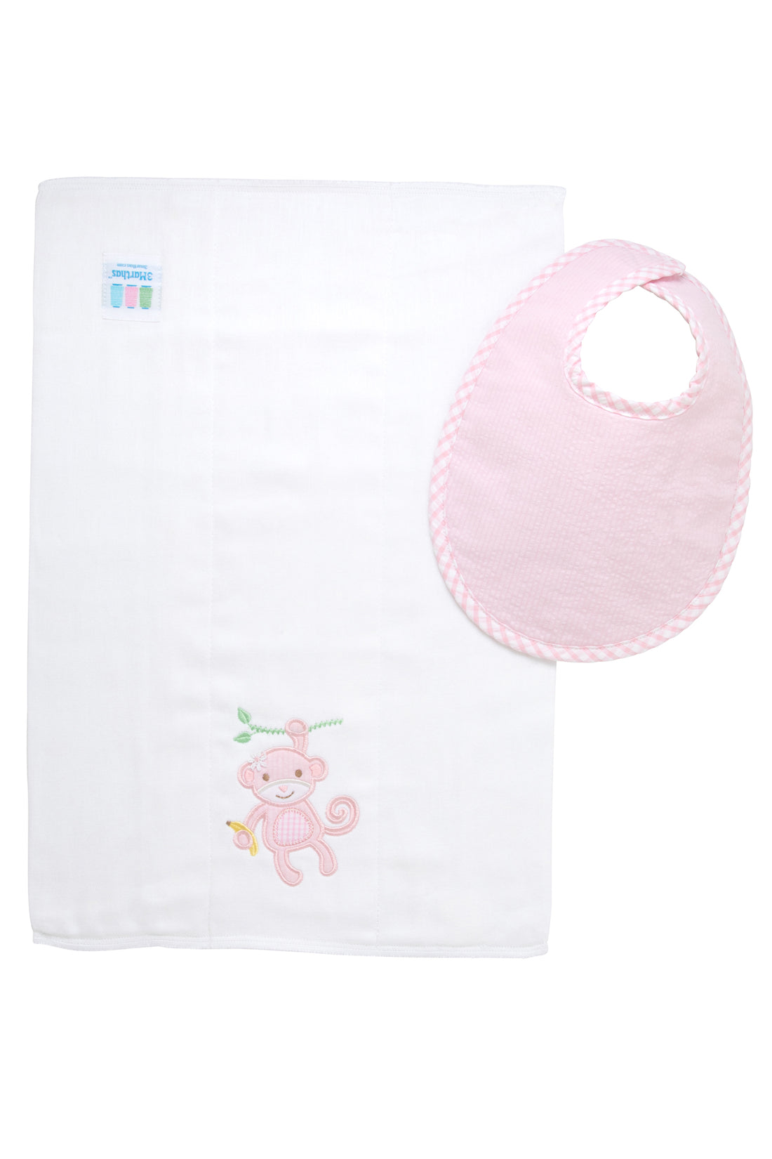 Cotton bib for baby girl with pink seersucker stripe and gingham check fabric and burp cloth with pink monkey applique, 3 Marthas