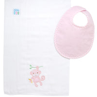Cotton bib for baby girl with pink seersucker stripe and gingham check fabric and burp cloth with pink monkey applique, 3 Marthas