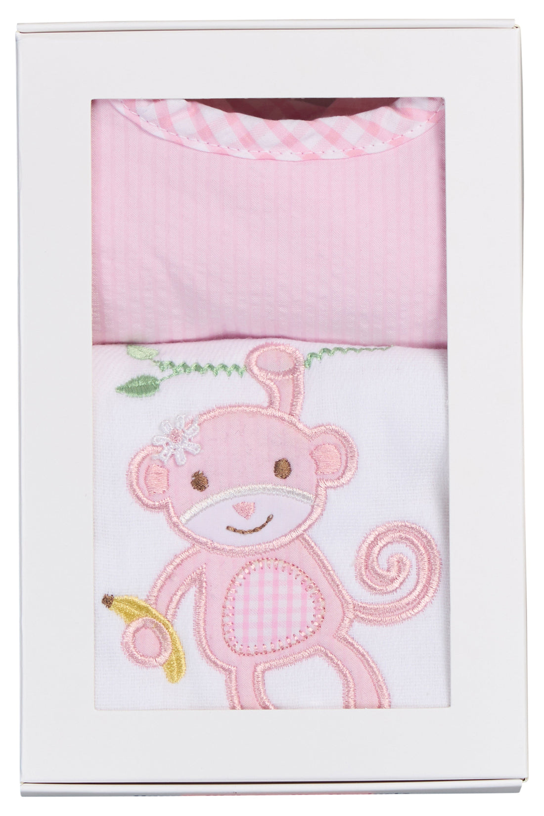 Cotton bib for baby girl with pink seersucker stripe and gingham check fabric and burp cloth with pink monkey applique, 3 Marthas