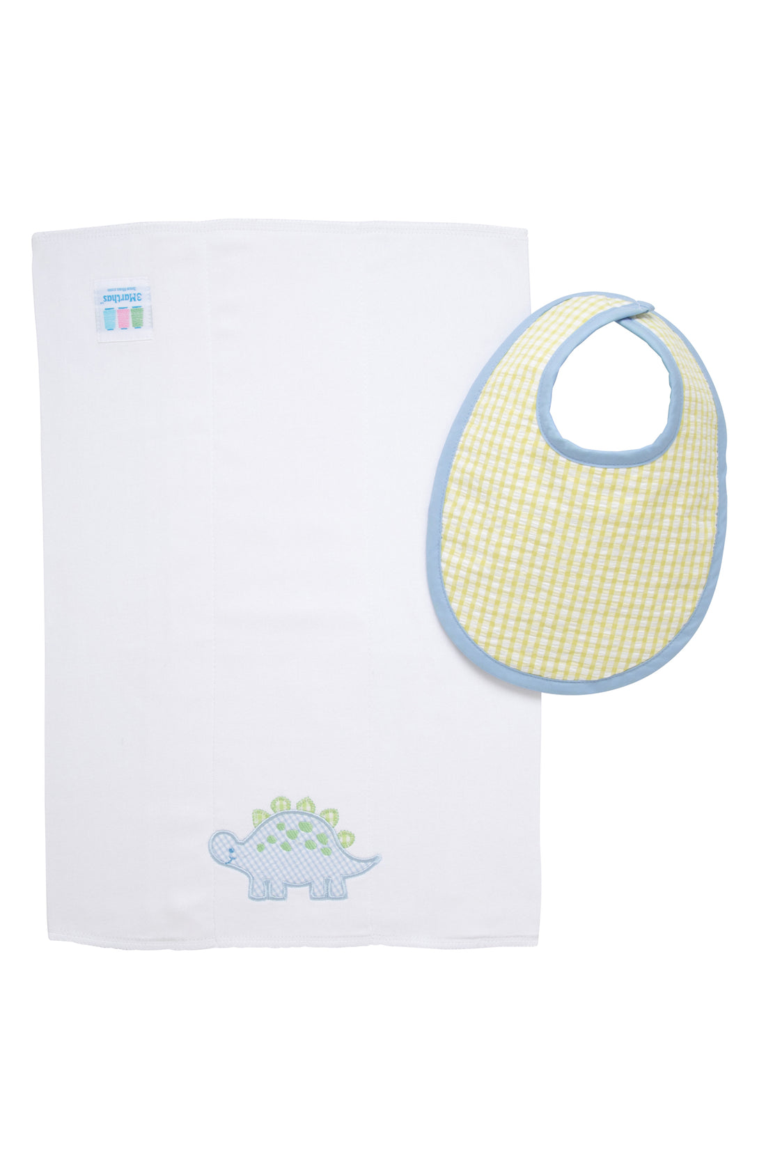 Cotton bib for baby boy with green gingham check fabric and blue trim and burp with dinosaur applique, 3 Marthas