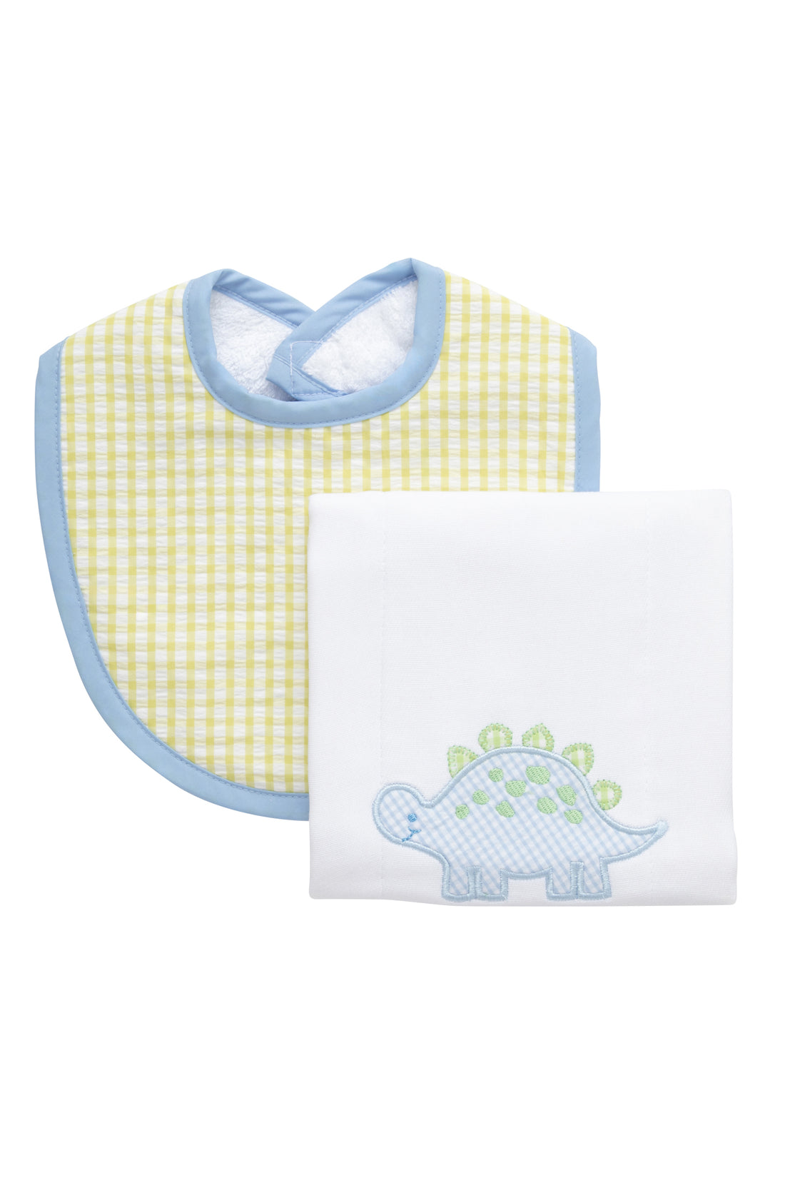 Cotton bib for baby boy with green gingham check fabric and blue trim and burp with dinosaur applique, 3 Marthas