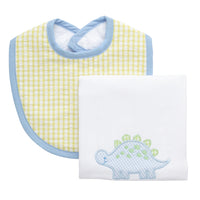 Cotton bib for baby boy with green gingham check fabric and blue trim and burp with dinosaur applique, 3 Marthas