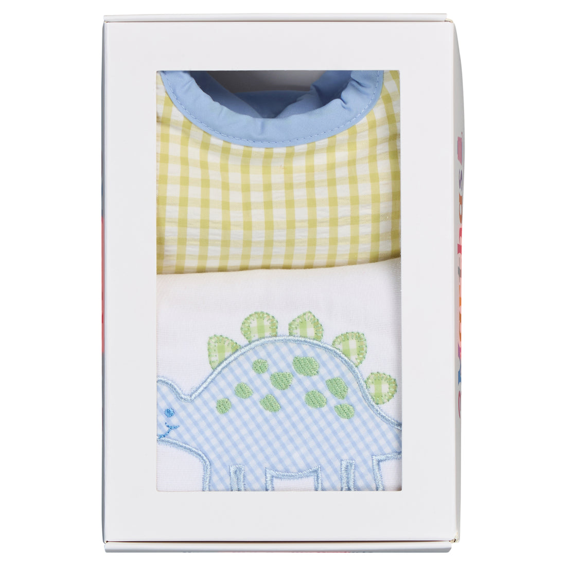 Cotton bib for baby boy with green gingham check fabric and blue trim and burp with dinosaur applique, 3 Marthas