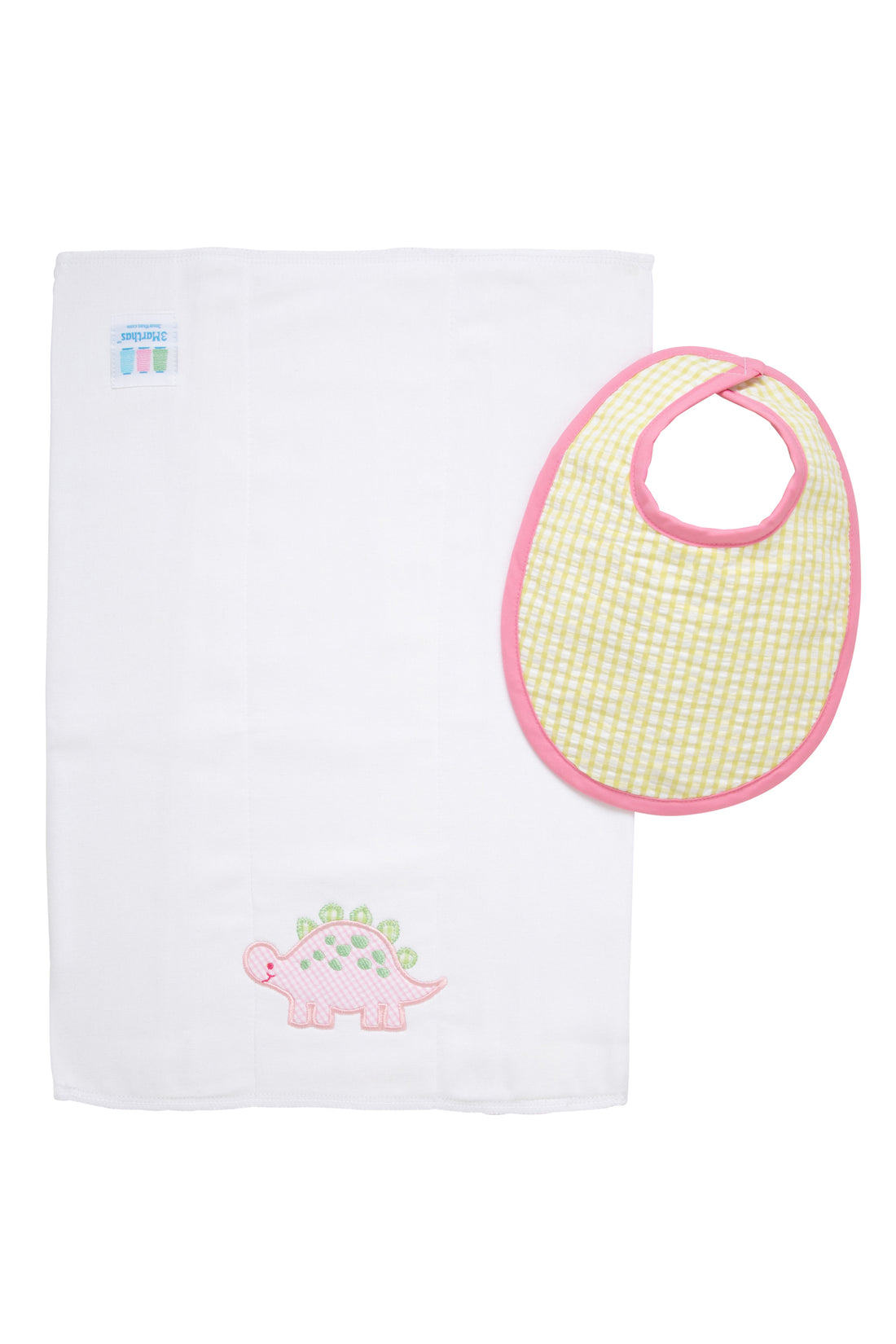 Cotton bib for baby girl with green gingham check fabric and pink trim and burp cloth with dinosaur applique, 3 Marthas