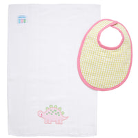 Cotton bib for baby girl with green gingham check fabric and pink trim and burp cloth with dinosaur applique, 3 Marthas