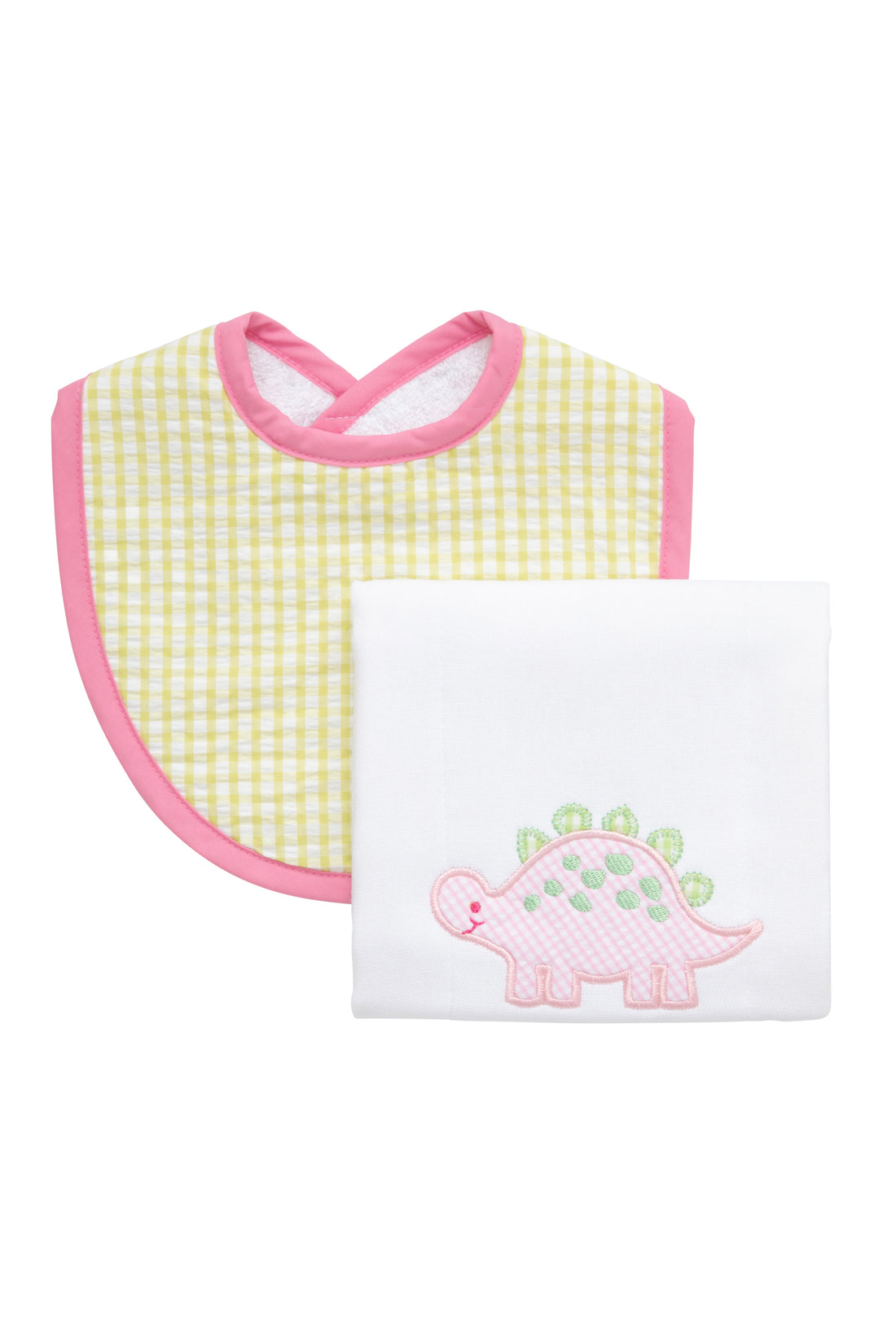 Cotton bib for baby girl with green gingham check fabric and pink trim and burp cloth with dinosaur applique, 3 Marthas