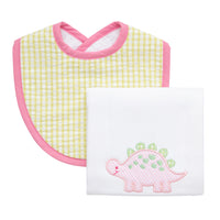Cotton bib for baby girl with green gingham check fabric and pink trim and burp cloth with dinosaur applique, 3 Marthas