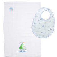 Cotton bib for baby boy with blue sailboat print fabric and blue gingham check trim and burp cloth with green sailboat applique, 3 Marthas
