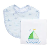Cotton bib for baby boy with blue sailboat print fabric and blue gingham check trim and burp cloth with green sailboat applique, 3 Marthas