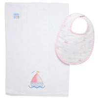 Cotton bib for baby girl with pink sailboat print fabric and pink gingham check trim and burp cloth with pink sailboat applique, 3 Marthas
