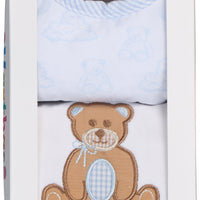 Cotton bib for baby with blue teddy bear toile and burp with teddy bear applique, 3 Marthas