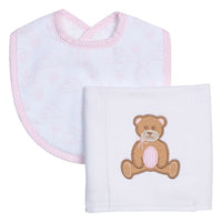 Cotton bib for baby with pink teddy bear toile and burp with teddy bear applique, 3 Marthas