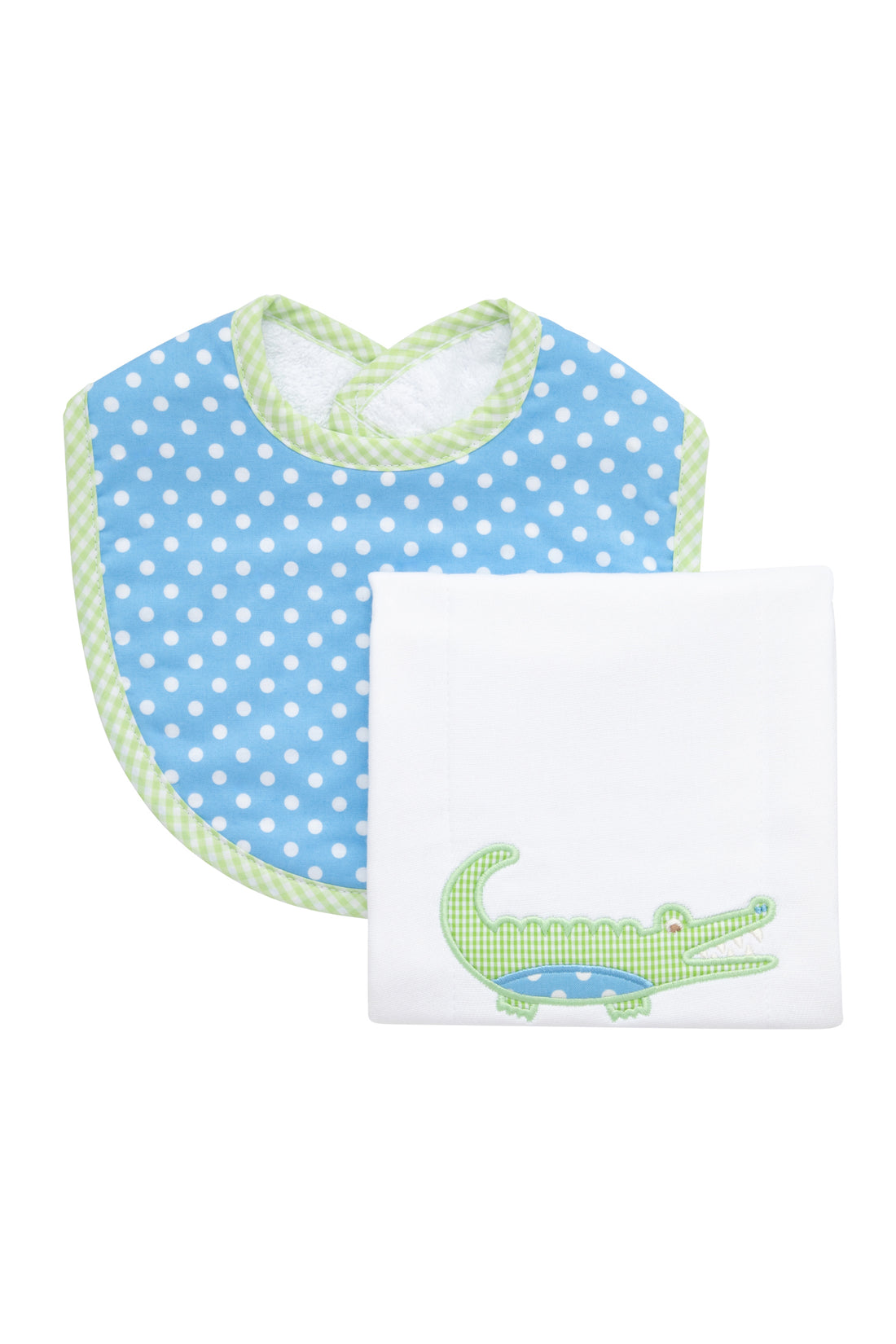 Cotton bib for baby with blue dot and green gingham check and burp with alligator applique, 3 Marthas